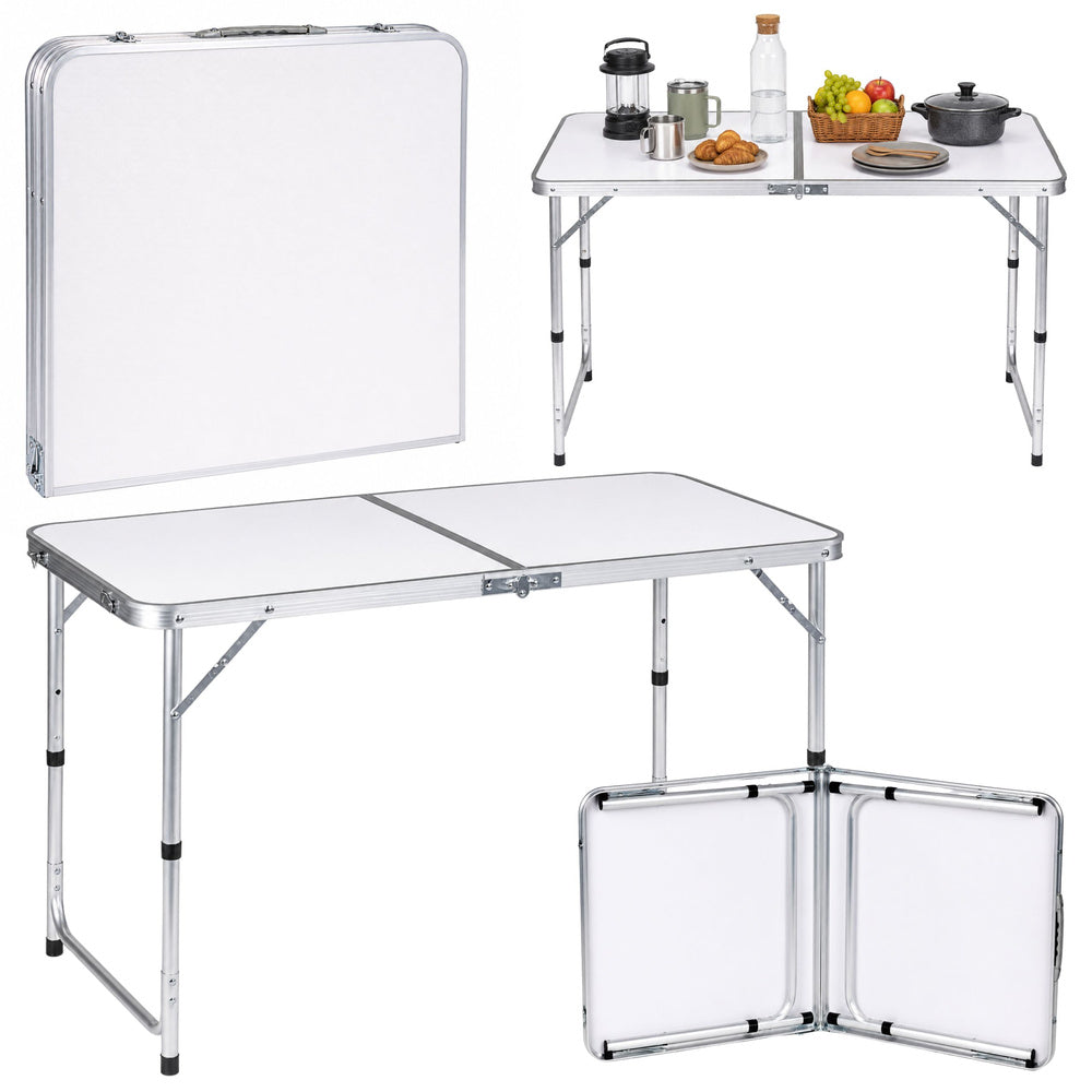 Folding camping table, height-adjustable, suitcase style, white