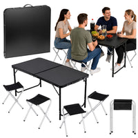 Camping furniture set, folding table, 4 stools, black suitcase