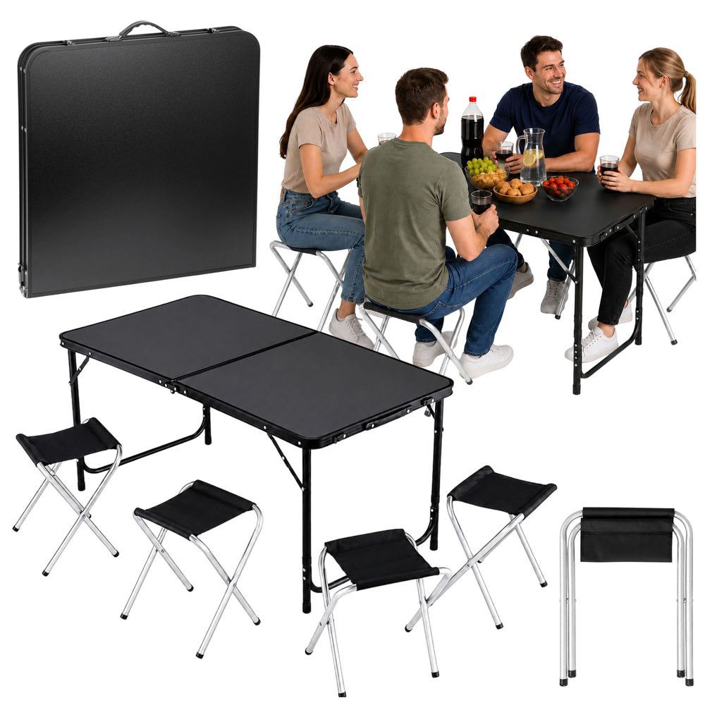 Camping furniture set, folding table, 4 stools, black suitcase