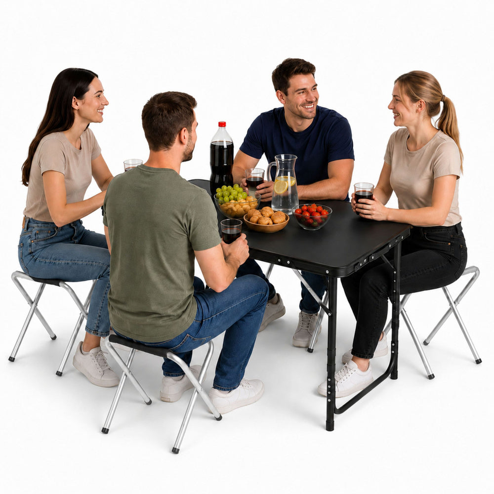 Camping furniture set, folding table, 4 stools, black suitcase (3)