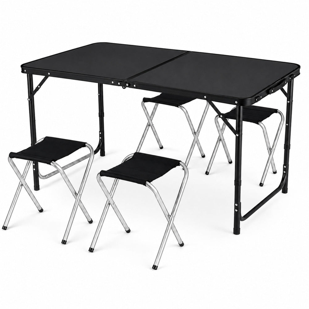 Camping furniture set, folding table, 4 stools, black suitcase (4)