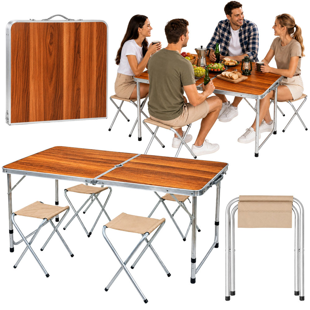 Camping furniture set, folding table, 4 stools, wooden case