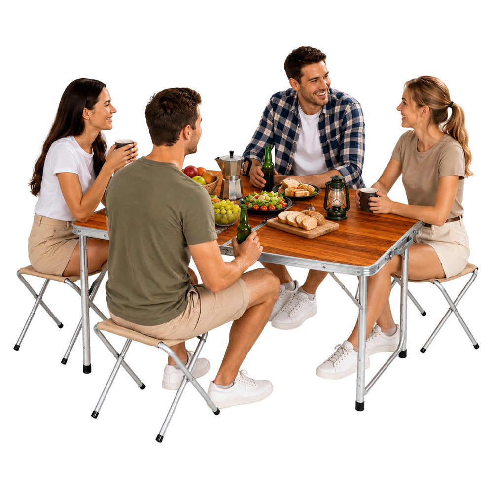 Camping furniture set, folding table, 4 stools, wooden case (2)