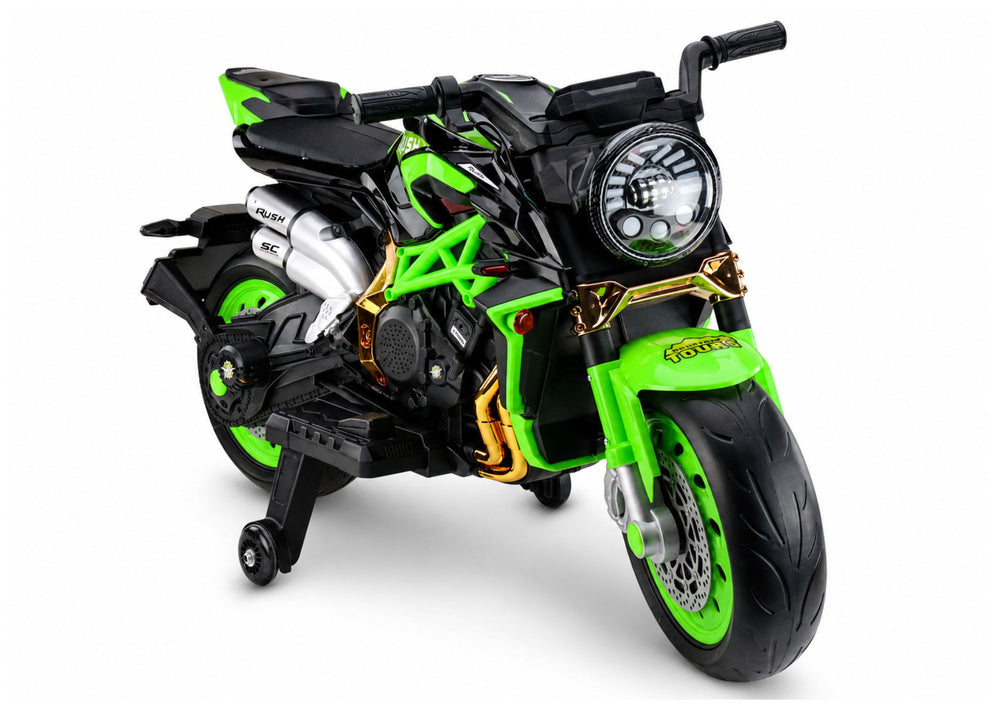 XW-07 battery-powered motorcycle with illuminated LED wheels, green