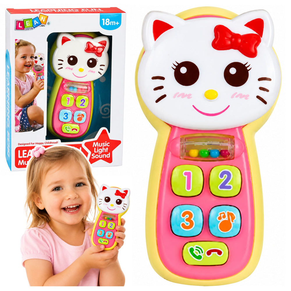 Interactive baby phone with cat mirror, rattle, lights, and sounds