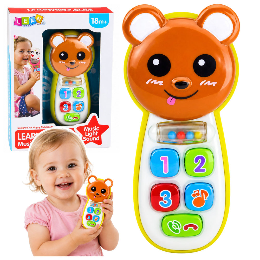 Interactive baby phone with teddy bear, mirror, rattle, lights, and sounds