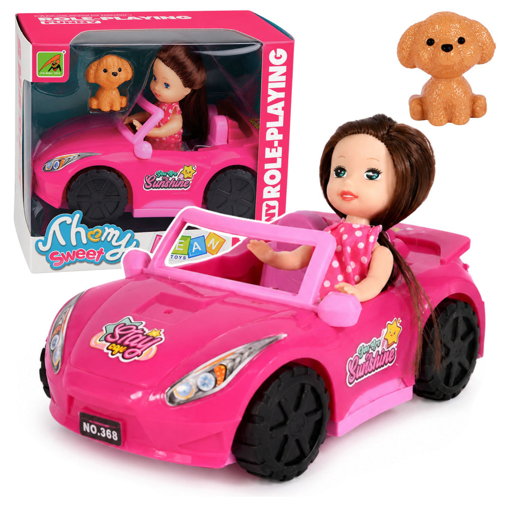 Mini doll in convertible set with dog figure, pink