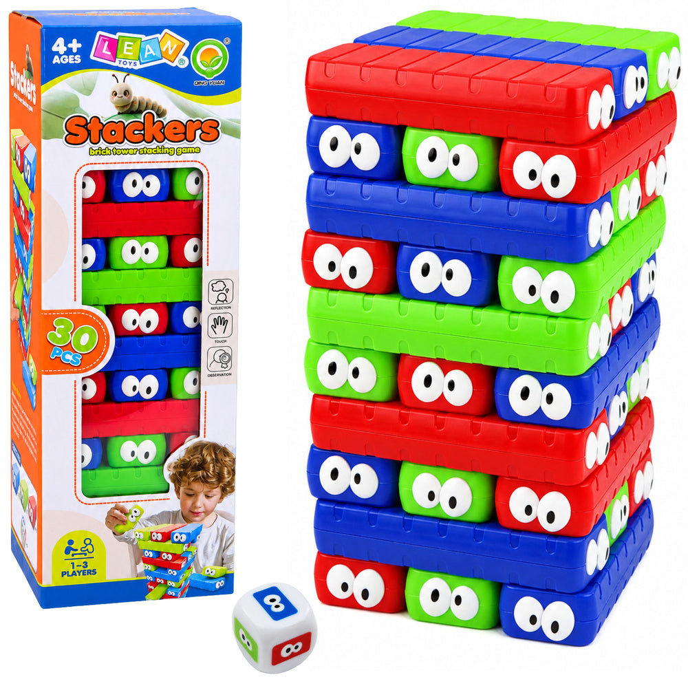 Skill game tower of blocks with eyelet cubes, colorful, 30 pieces