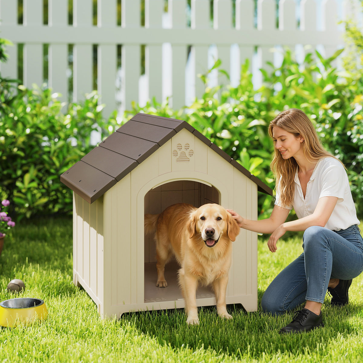 Weatherproof dog house 88 x 79 x 89 cm, elevated dog kennel with hinged asphalt roof and ground anchors (2)