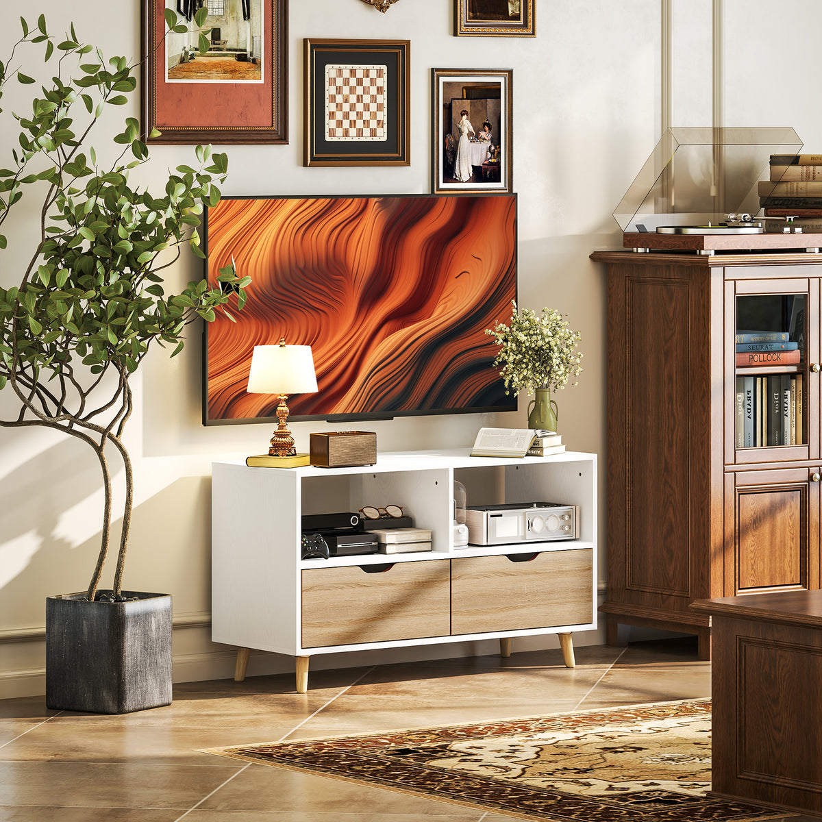 TV stand, TV media console with drawers, open shelves, wood, 99 x 39 x 58 cm, white (2)