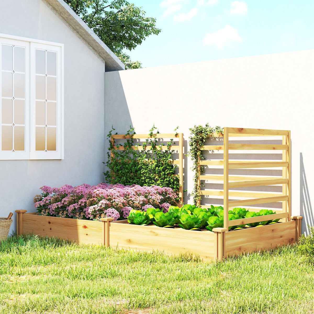 Raised garden bed with trellis, wooden planter box with 3-section partition, open bottom, 240 x 125 x 102 cm (2)