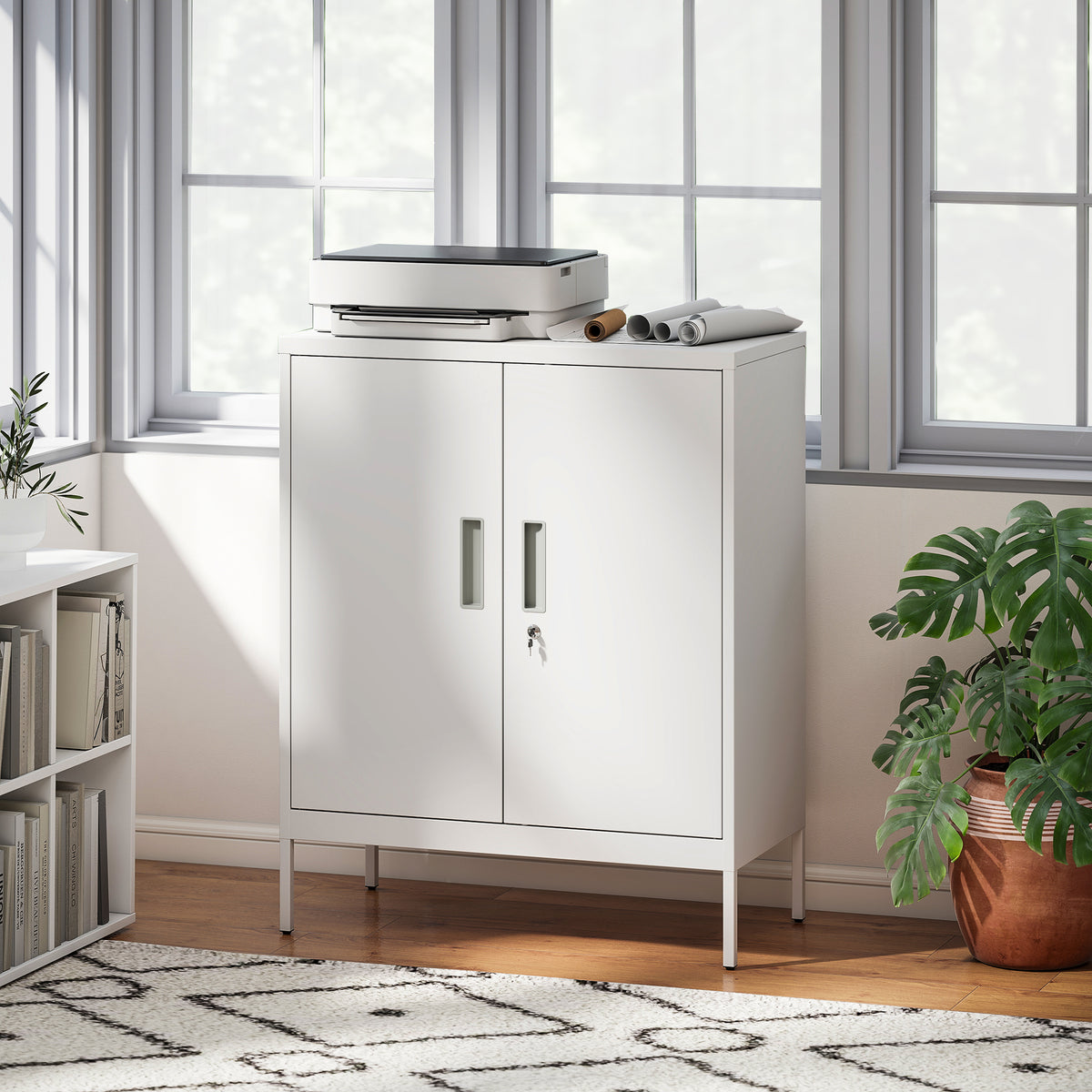 Lockable steel cabinet with 2 doors, office cabinet, adjustable shelves, for home office, living room, garage (2)