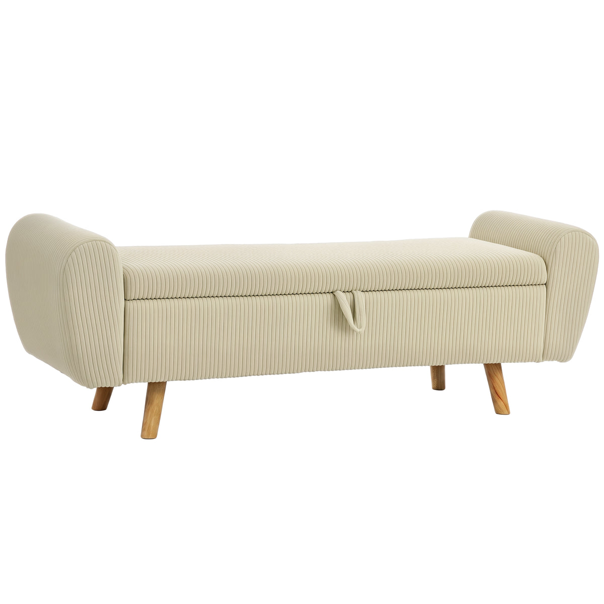 Storage bench, upholstered bench with corduroy look, wooden legs and rolled arms, beige