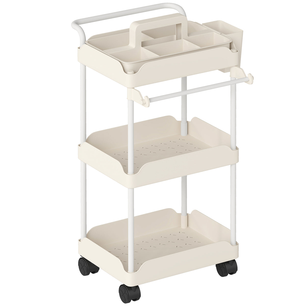 Storage cart, 3 baskets, towel rack, wheels, handle, metal frame, white