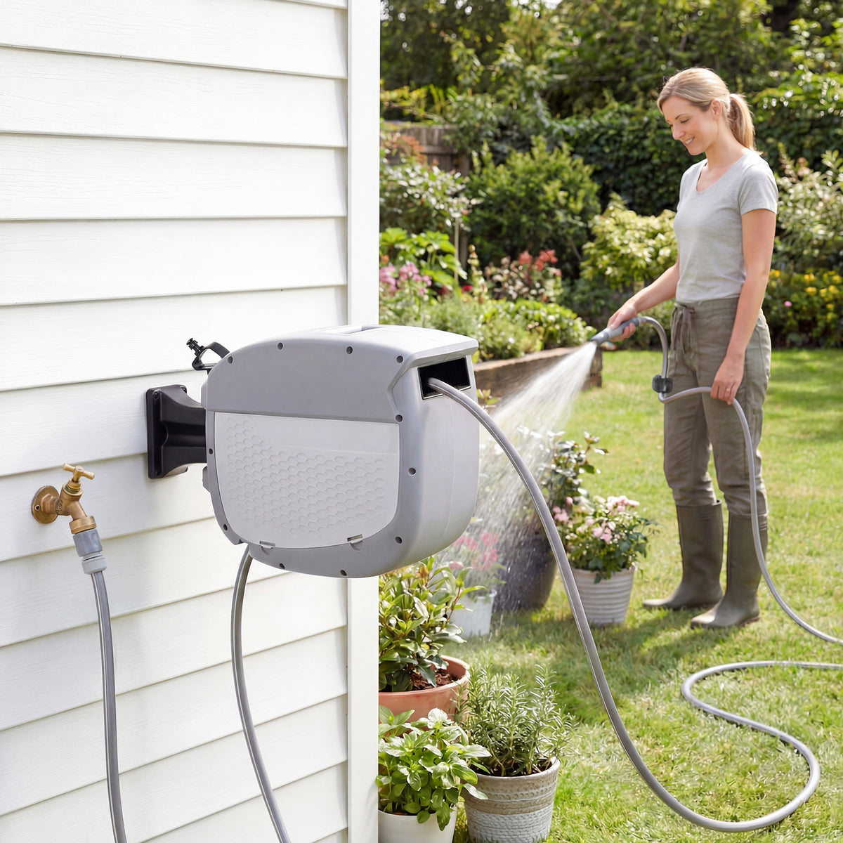 Hose reel with 20 m garden hose, 180° swivelling hose box with automatic retraction and self-locking mechanism (2)