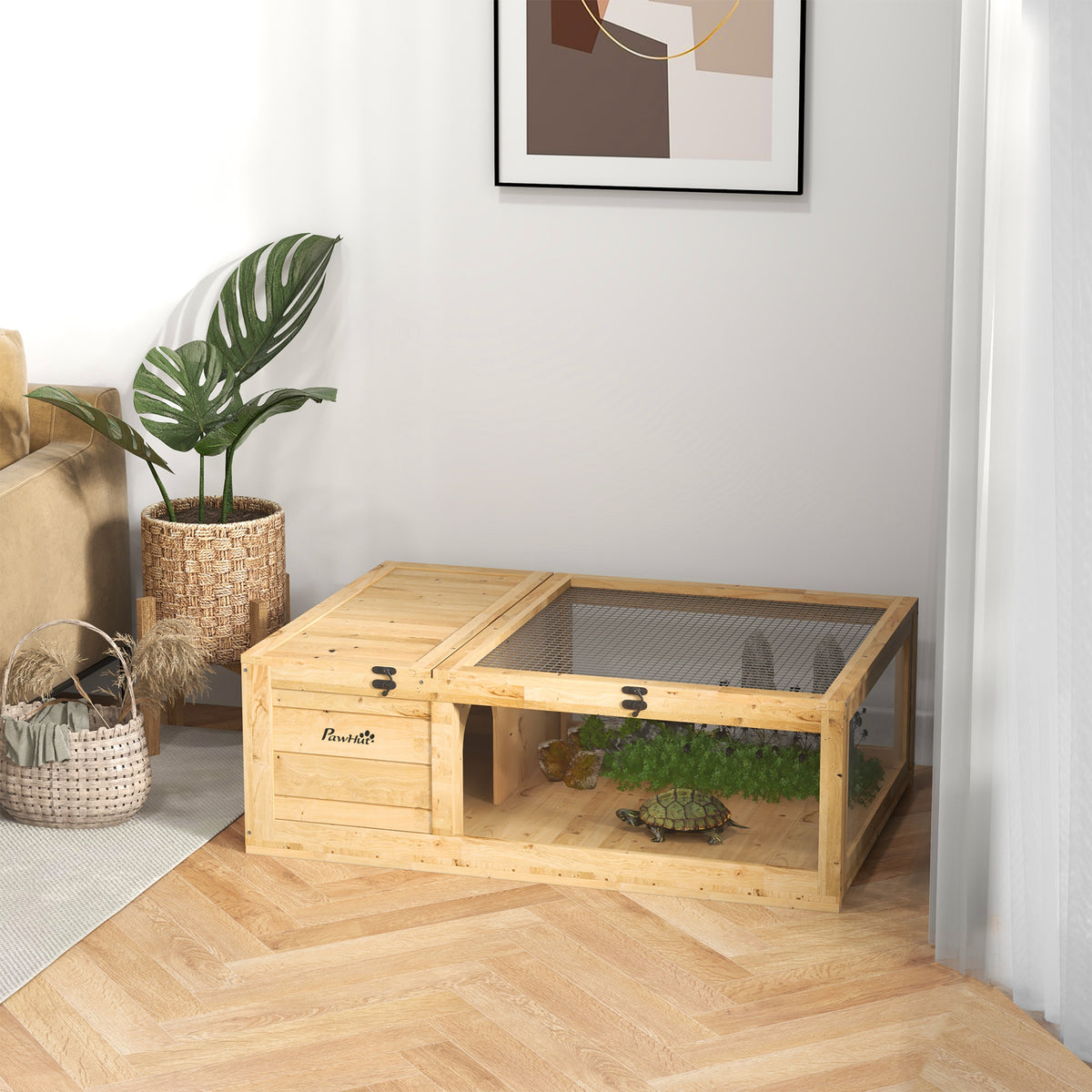 Wooden tortoise house, tortoise enclosure with main houses, hinged top, 91 x 60.5 x 32 cm, yellow (2)