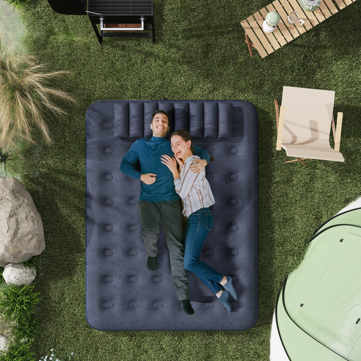 Air mattress for 2 people, with hand pump, soft & robust, 203x152x22cm, blue (2)
