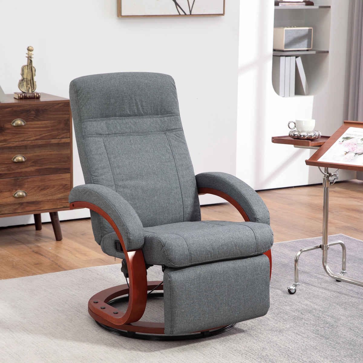 Recliner chair with folding footrest, swivel, reclining backrest, linen look, up to 140 kg, grey (2)
