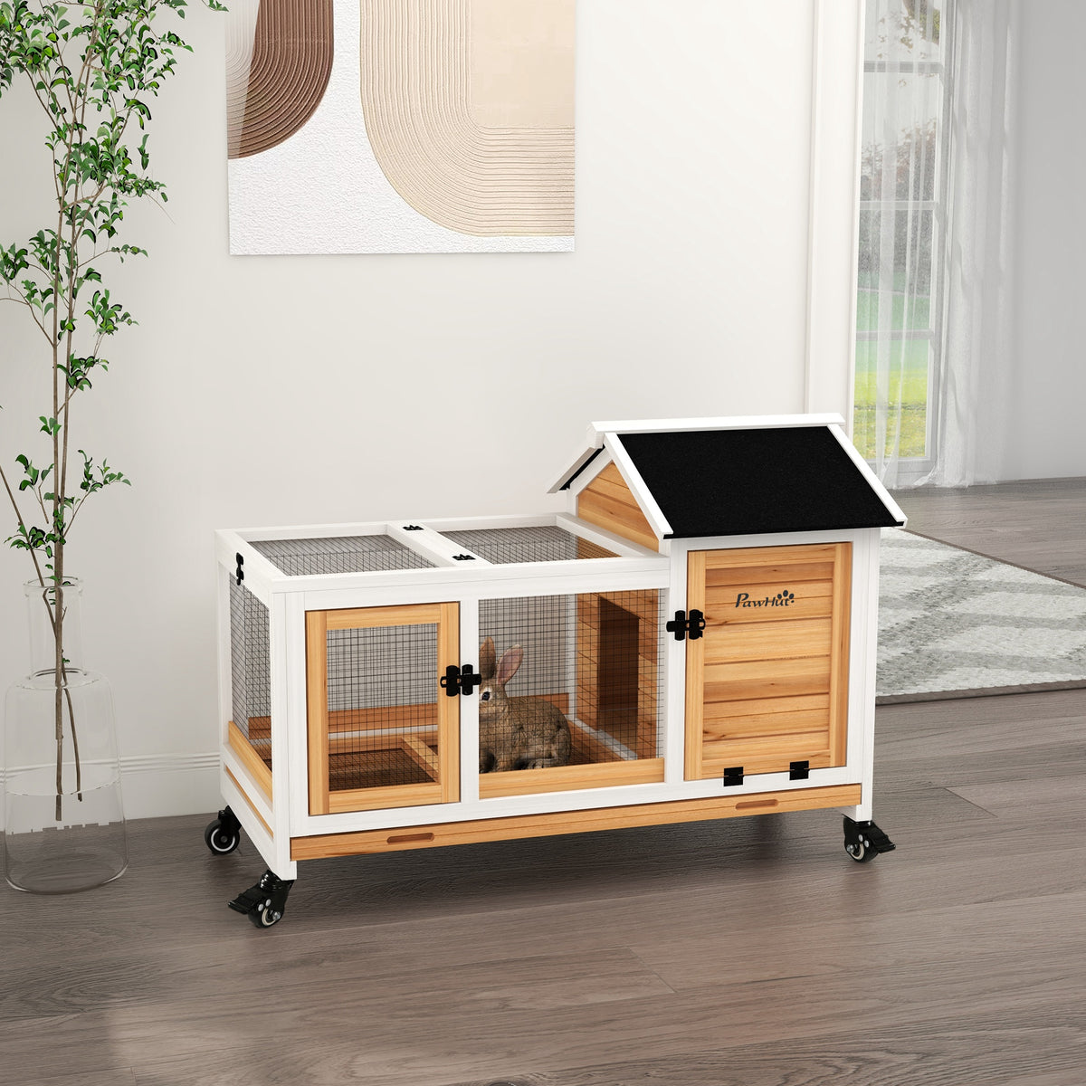 Small animal hutch for dwarf rabbits, guinea pigs, with wheels, 108 x 58 x 73.5 cm, yellow (2)
