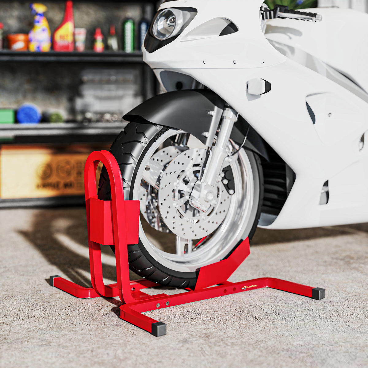 Motorcycle stand for 17-21", 430-530 mm front wheel, adjustable, metal, red (2)