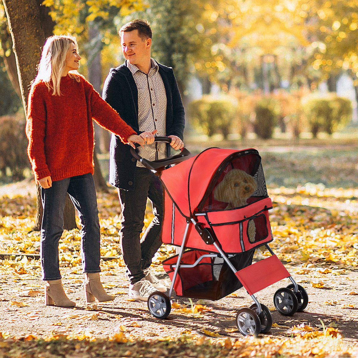Dog stroller, pet trolley up to 10 kg, foldable with cup holder, sun canopy, red (2)