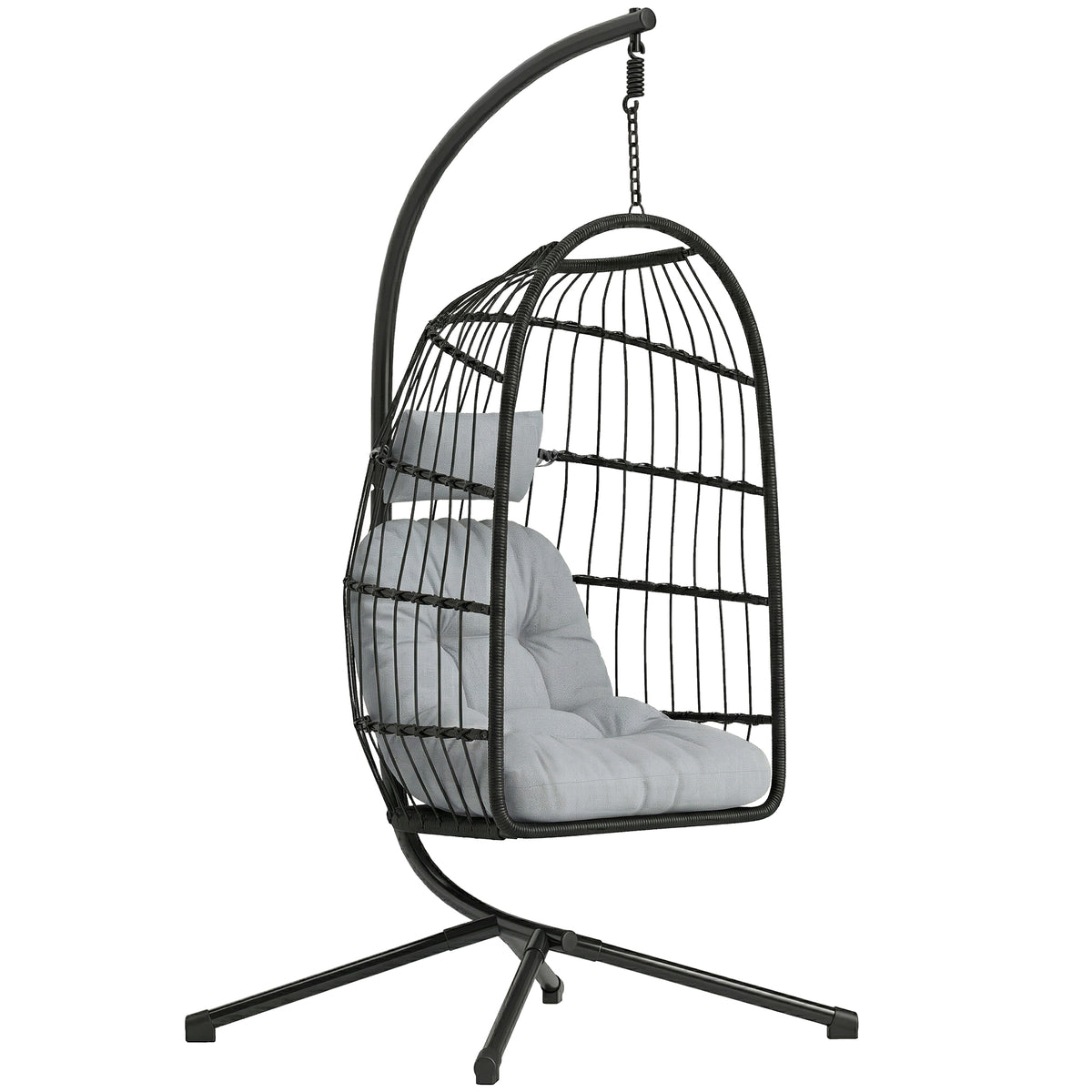 Hanging chair with foldable stand, polyrattan hanging basket with cushion, safety belt, headrest, straps