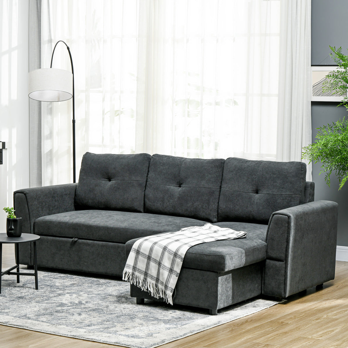 3-seater sofa with bed function, sofa bed with chaise longue, upholstered sofa, dark grey (10)