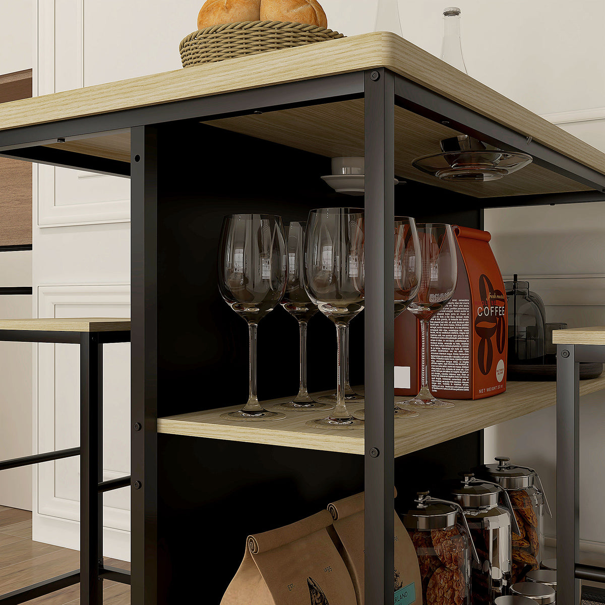 Bar set, 2 bar stools & 1 bar table, stain-resistant, stable, steel frame, black/oak (9)