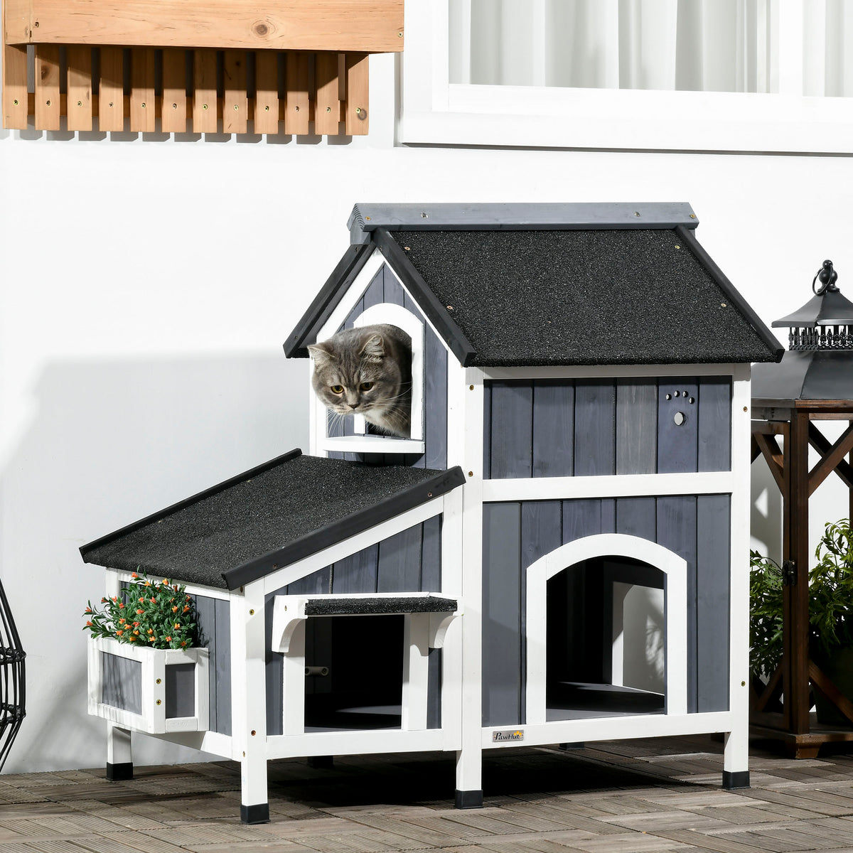 Outdoor cat house, two-story, raised floor, natural wood, asphalt roof, gray, 96 x 65 x 85.5 cm (2)