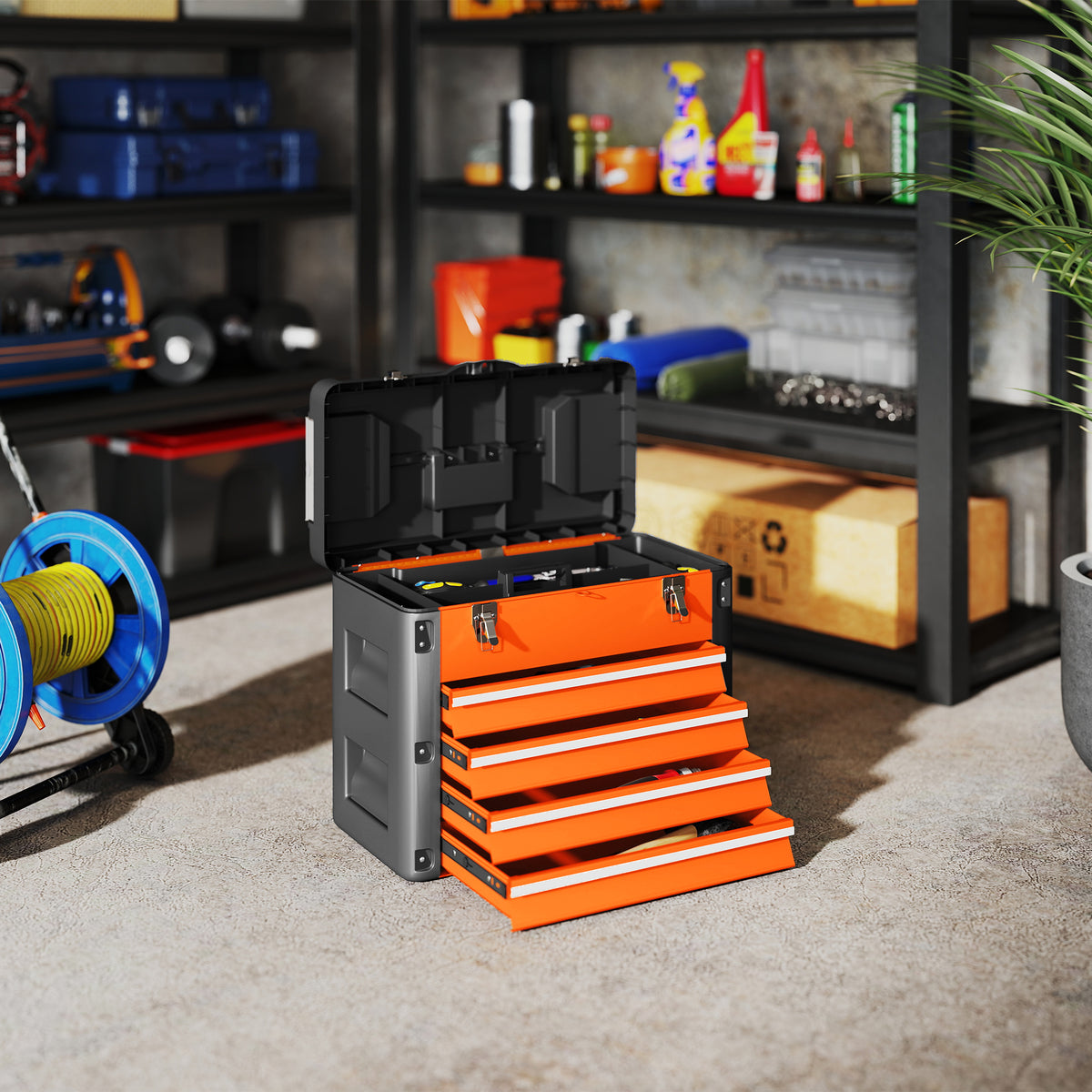 Toolbox empty, 49.7 x 25.3 x 40.7 cm tool chest with 4 drawers, mini-box steel orange (2)