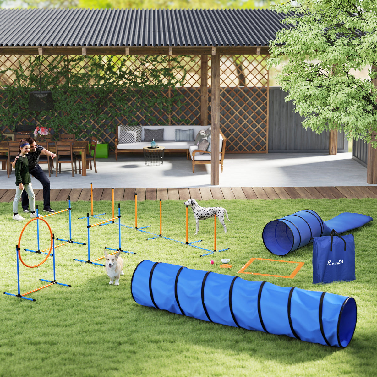 11-Piece Dog Agility Set, Agility Equipment for Dogs with 2 Tunnels, Height-Adjustable Jump Ring & Hurdles (2)