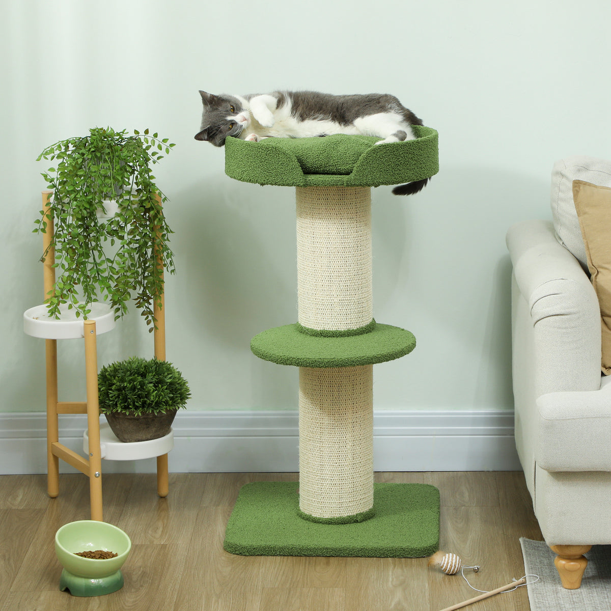 Cat tree 91cm play tree with cat bed, lamb wool platform green (2)