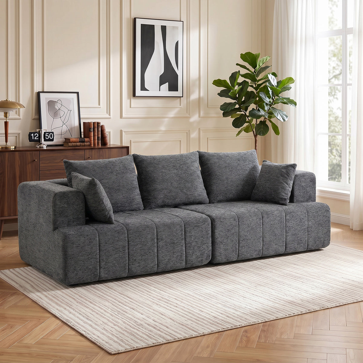 3-seater sofa, chenille cloud sofa with thick spring core upholstery, wide and deep seat, wide armrests (2)