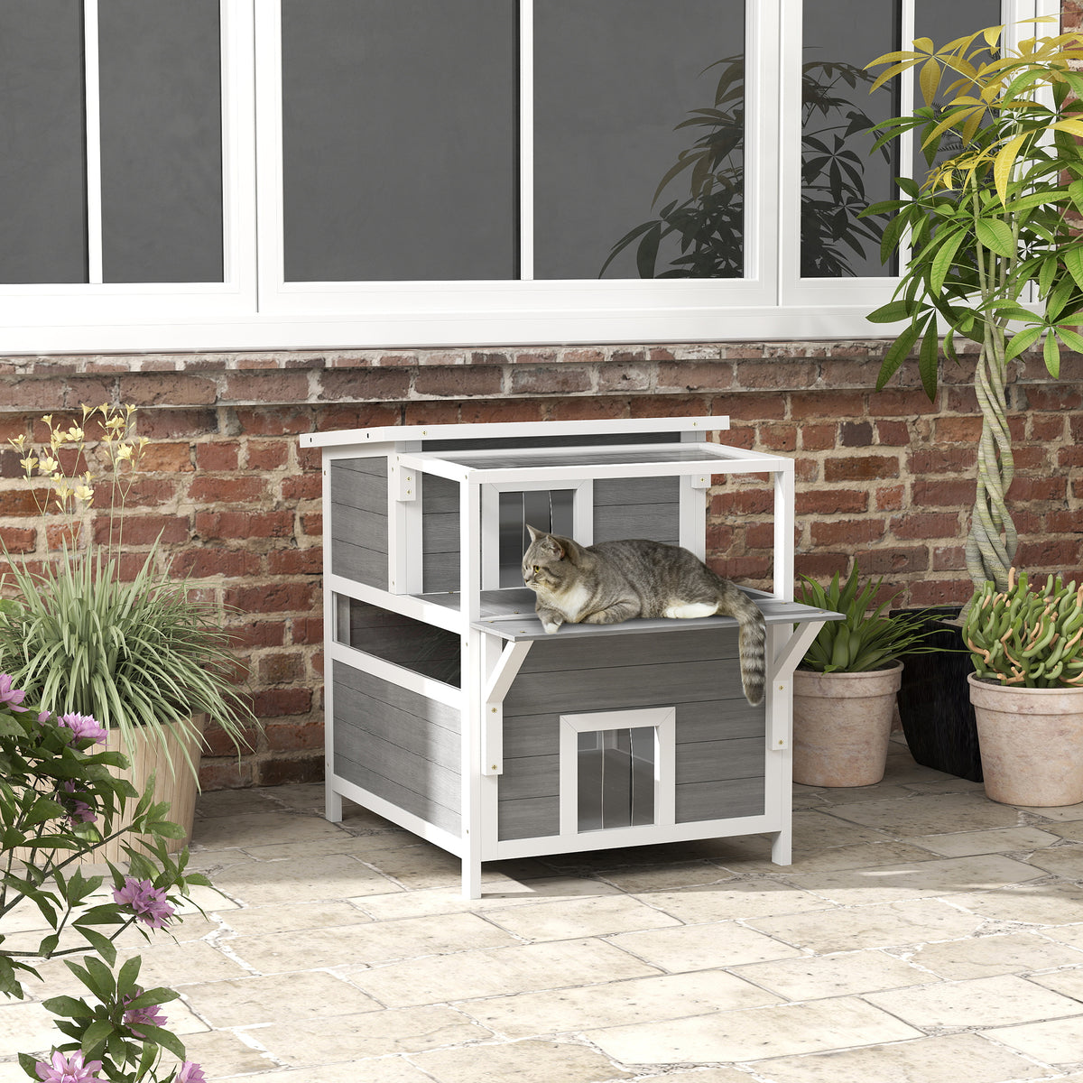 2-story cat house with balcony, weatherproof cat shelter, rain and sun protection, for indoor and outdoor use (2)