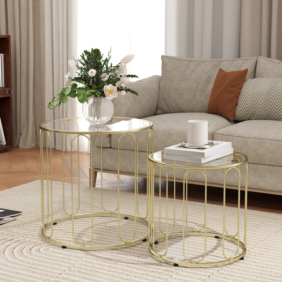 Set of 2 glass tables, nestable, glass tops, metal frame, gold-colored (2)