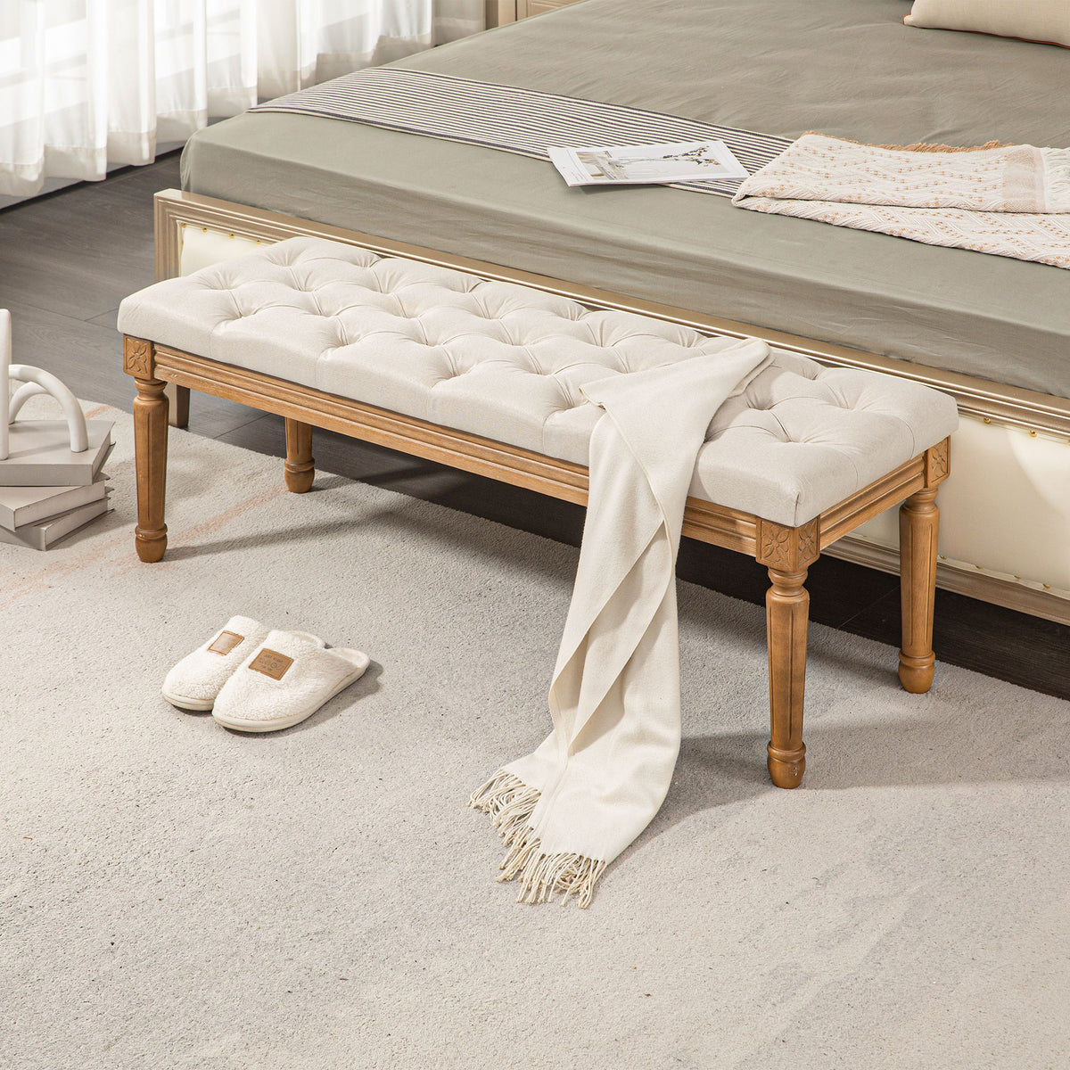 Upholstered bench with button tufting, bed bench, vintage design, 120x41x48cm, cream white (2)