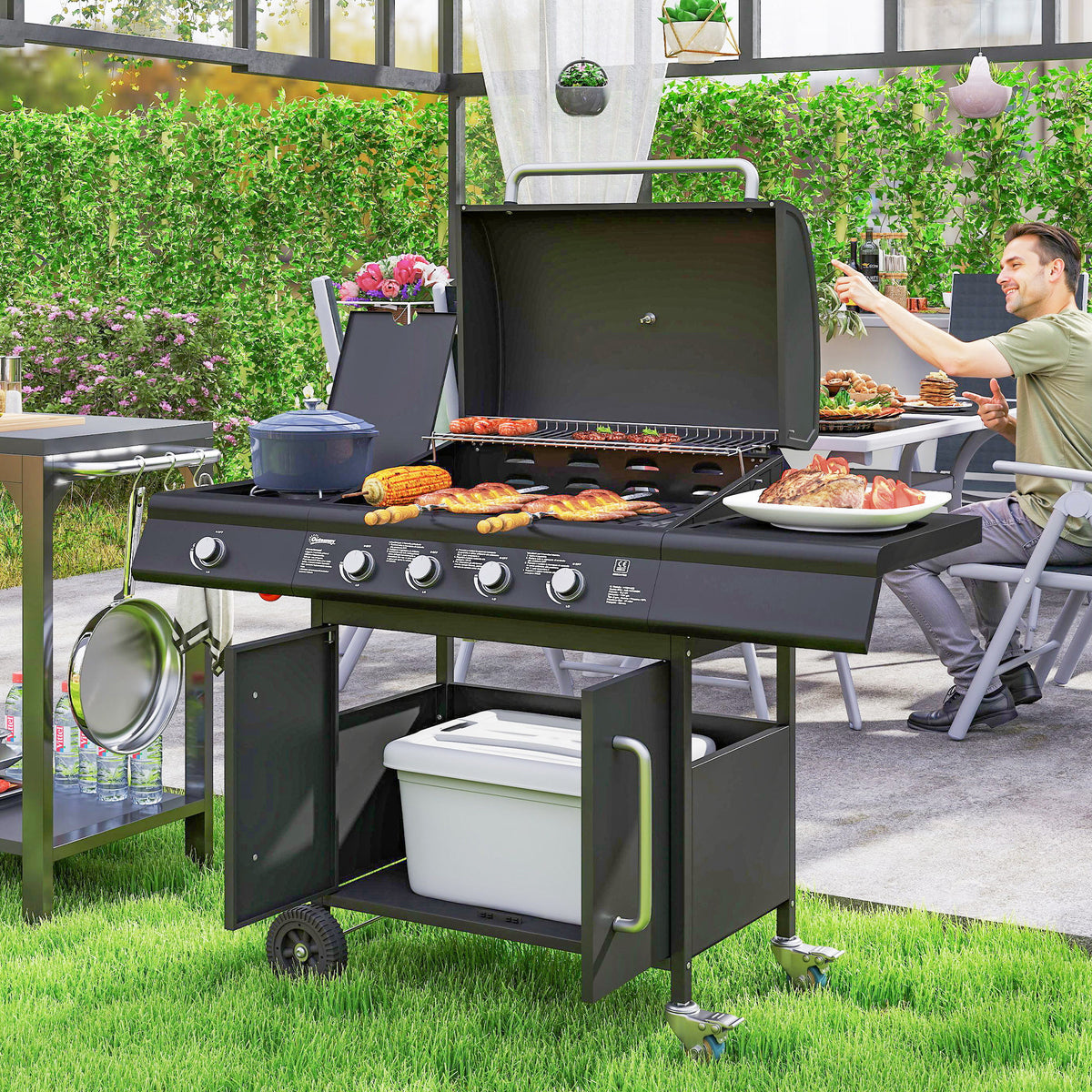 Gas grill 15.2 kW grill cart incl. 5 stainless steel burners, casters, side burner, 129.5 x 56 x 110 cm, black (2)