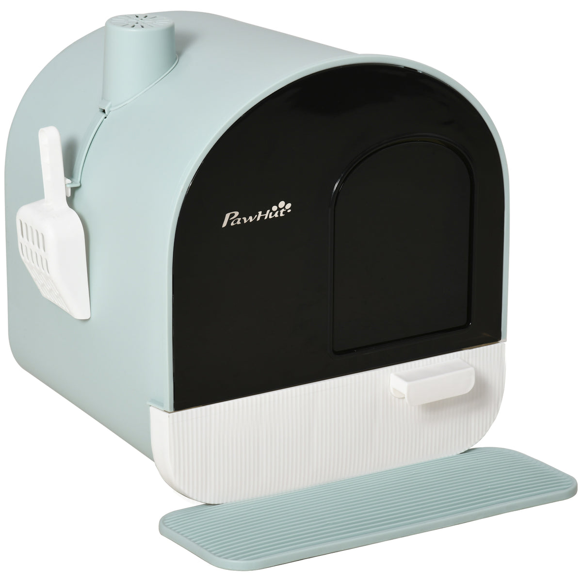 Cat litter box with lid, scoop and litter trapping mat, green, 43 x 44 x 47 cm