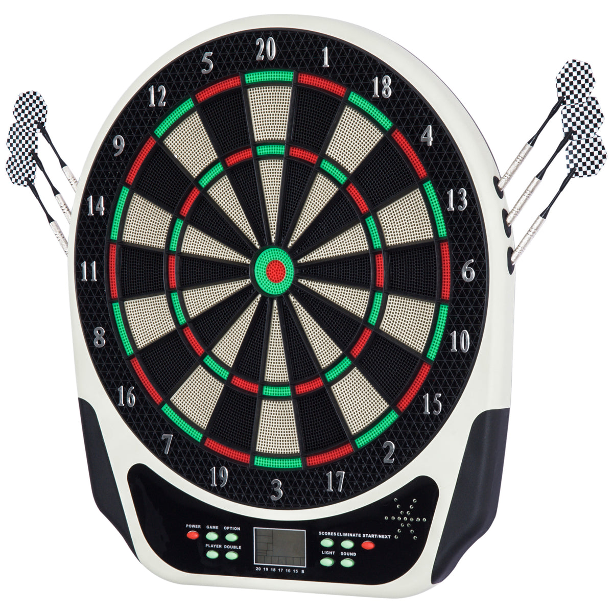 Electronic dartboard with English voice prompts, LED displays, 6 darts, 24 dart tips, 18 games, 159 variants