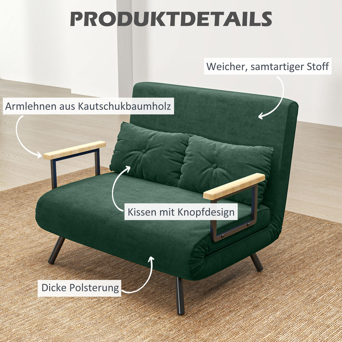 Sofa bed, 2-seater sofa, velvet sofa, sleeping function, incl. 2 cushions, velvet look, nature + green (6)