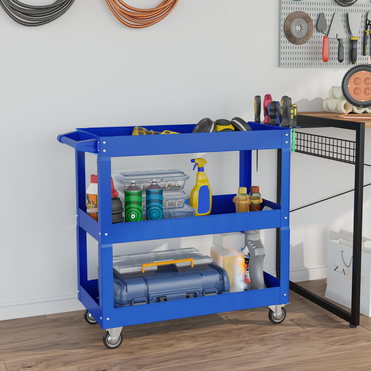 3-tier tool cart, 4 casters, steel, 83W x 35.3D x 76H cm, blue (2)