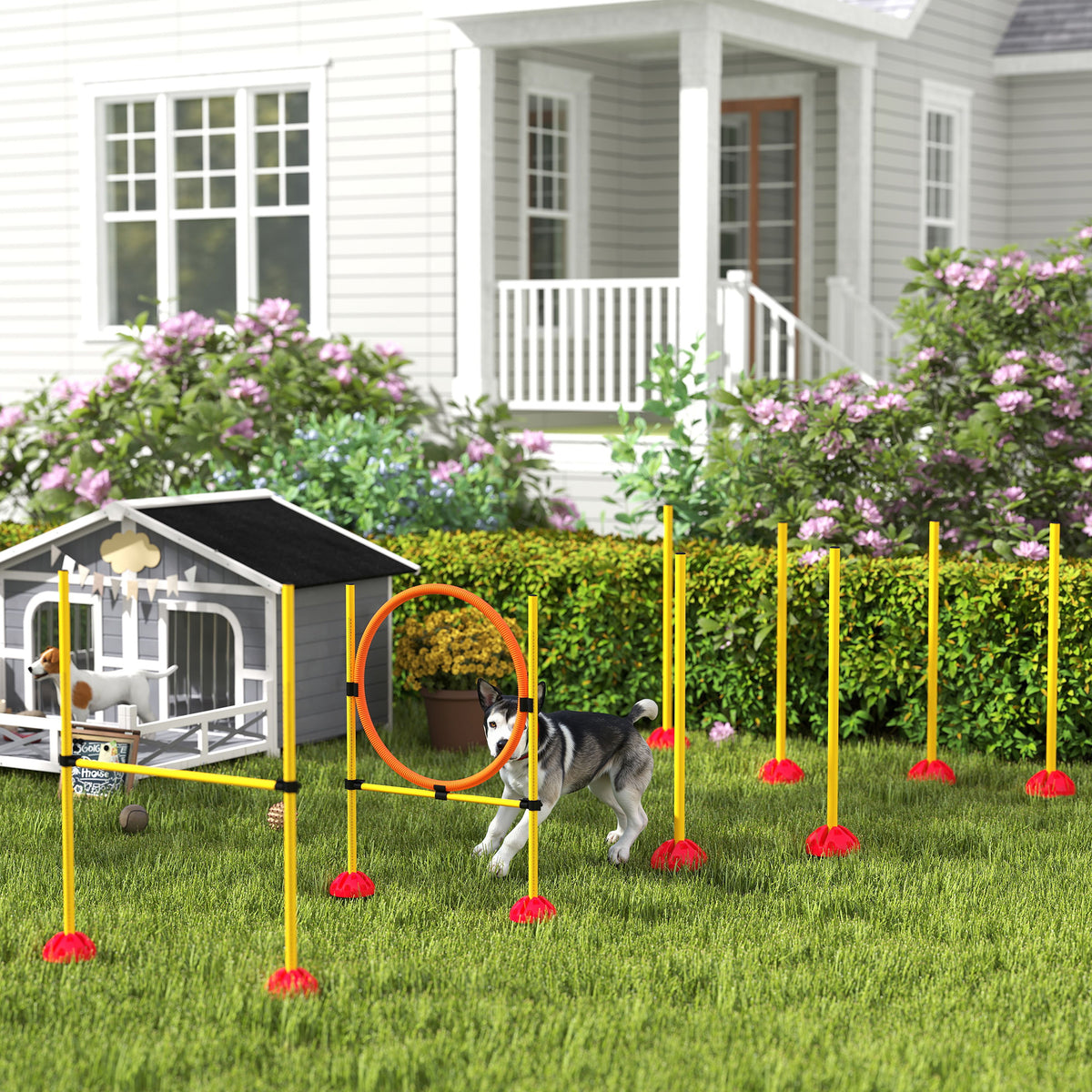 3-piece fillable dog agility set, agility equipment for dog training, plug-in hurdle set with slalom poles (2)