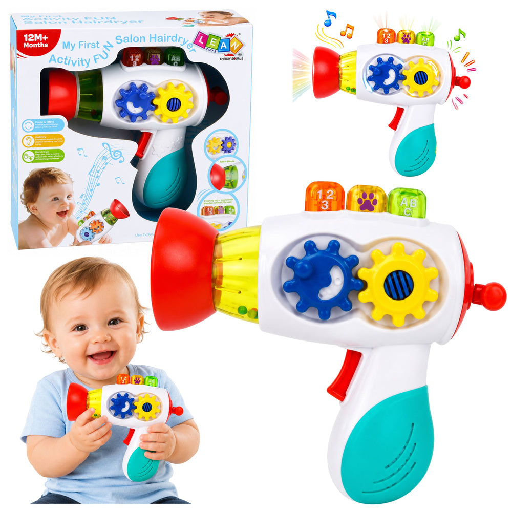 Interactive baby dryer with lights, sounds, gears and balls