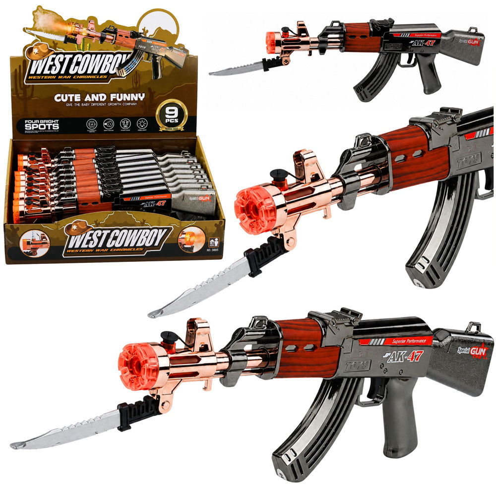 AK-47 rifle, battery-operated weapon, prop knife, smoke effect, light and sound effects