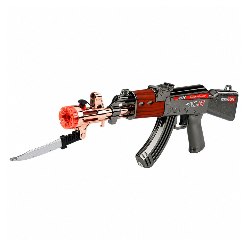 AK-47 rifle, battery-operated weapon, prop knife, smoke effect, light and sound effects
