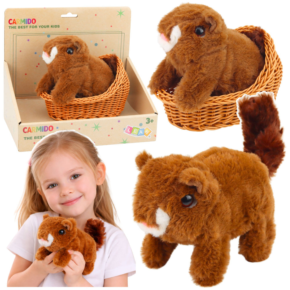 Interactive plush squirrel in a basket, walks and makes sounds, brown