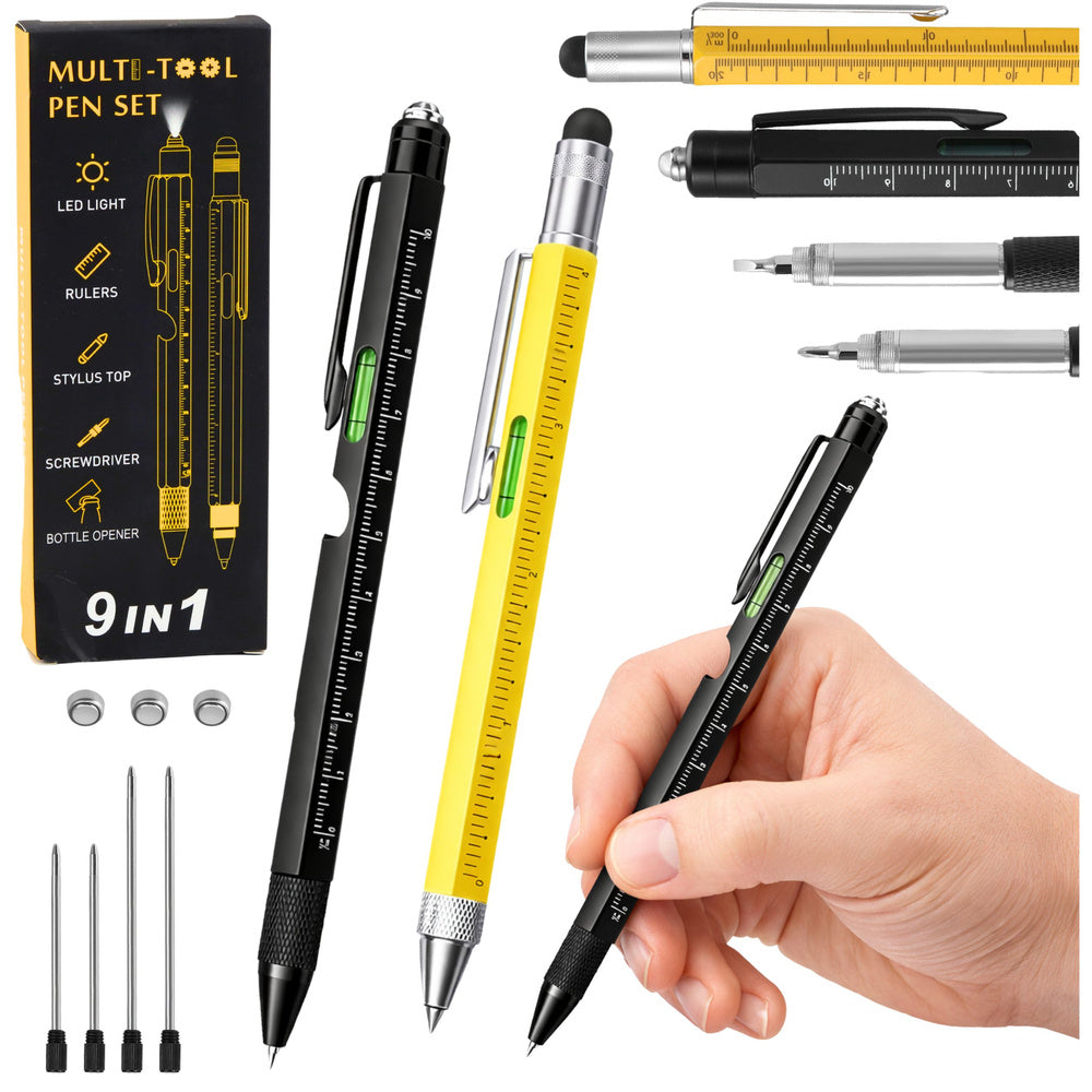 9-in-1 multi-function pens, spirit level, flashlight, screwdriver, yellow/black, 2 pieces