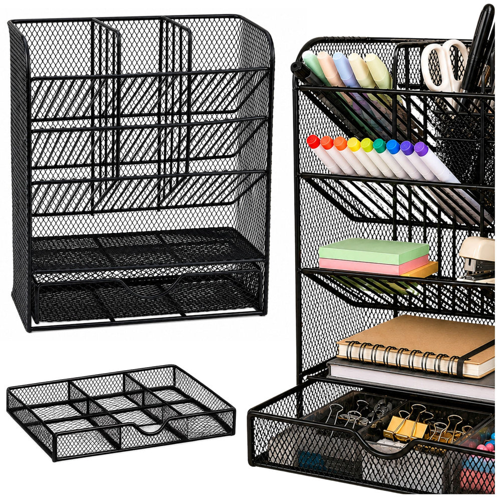 Metal desk organizer for pens and accessories, black