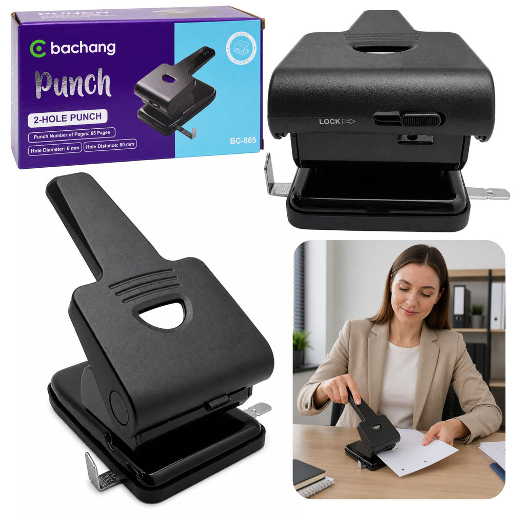 Manual metal two-hole punch for offices, 65 sheets, black