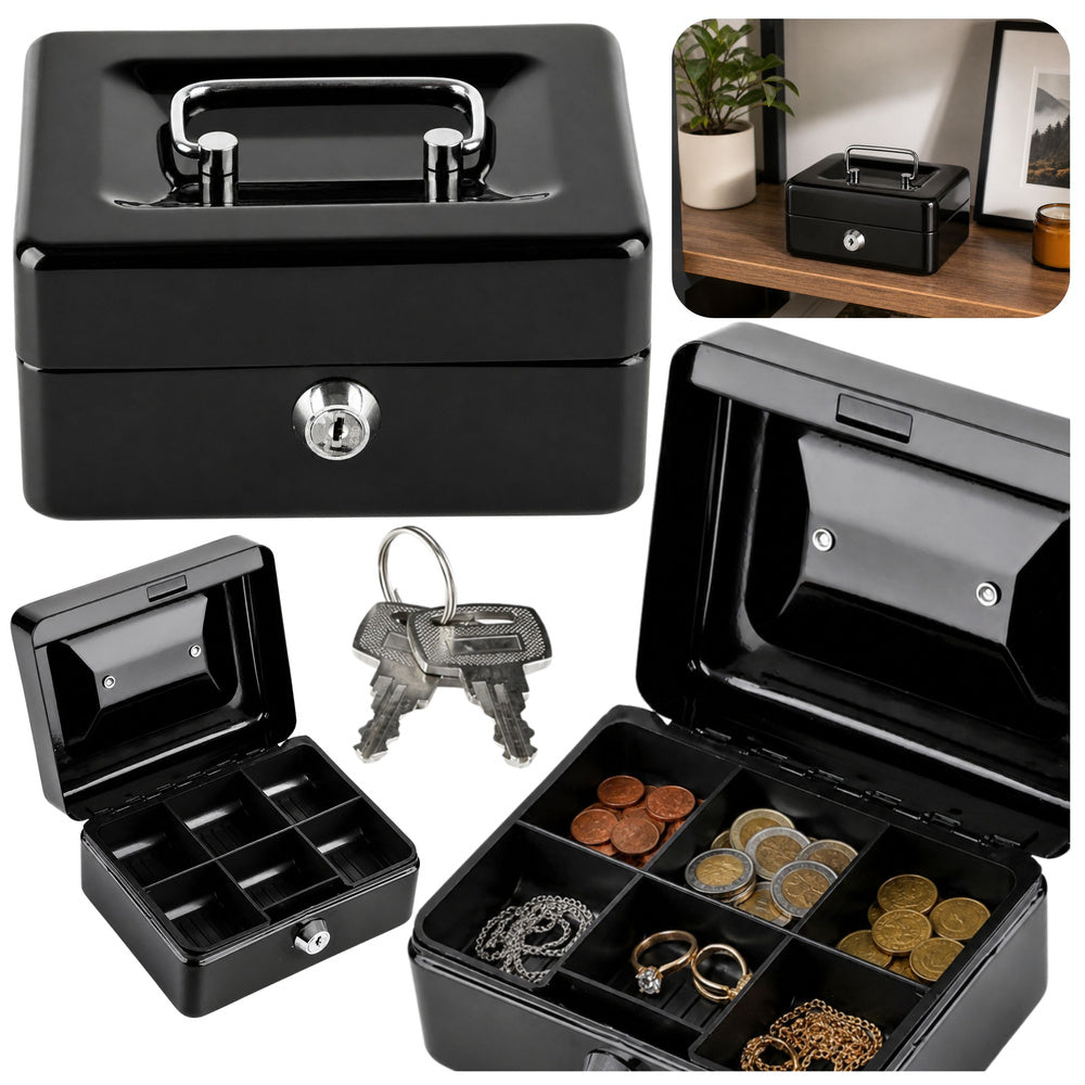 Small metal savings safe with key compartment, black, 13 x 10 cm